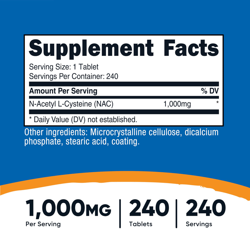 Nutricost N-Acetyl L-Cysteine (NAC) 1000mg, 240 Vegan Tablets, Gluten-Free