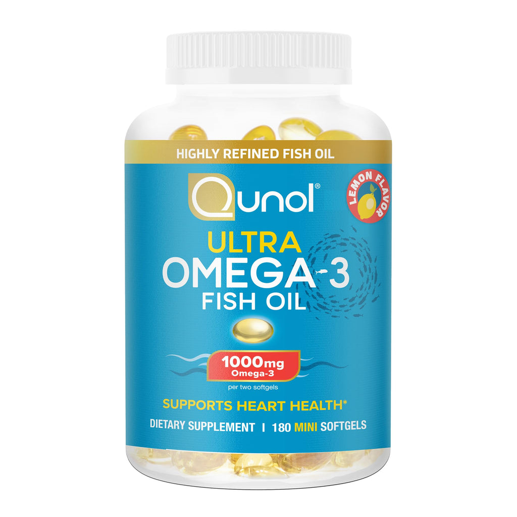 Qunol Ultra Omega-3 Fish Oil Mini Softgels, 1000mg EPA + DHA, 180ct | High Potency, Ultra-Purified Fish Oil, Support Heart Health and Brain Health, Lemon Flavor, Easy to Swallow Minis; Non-GMO