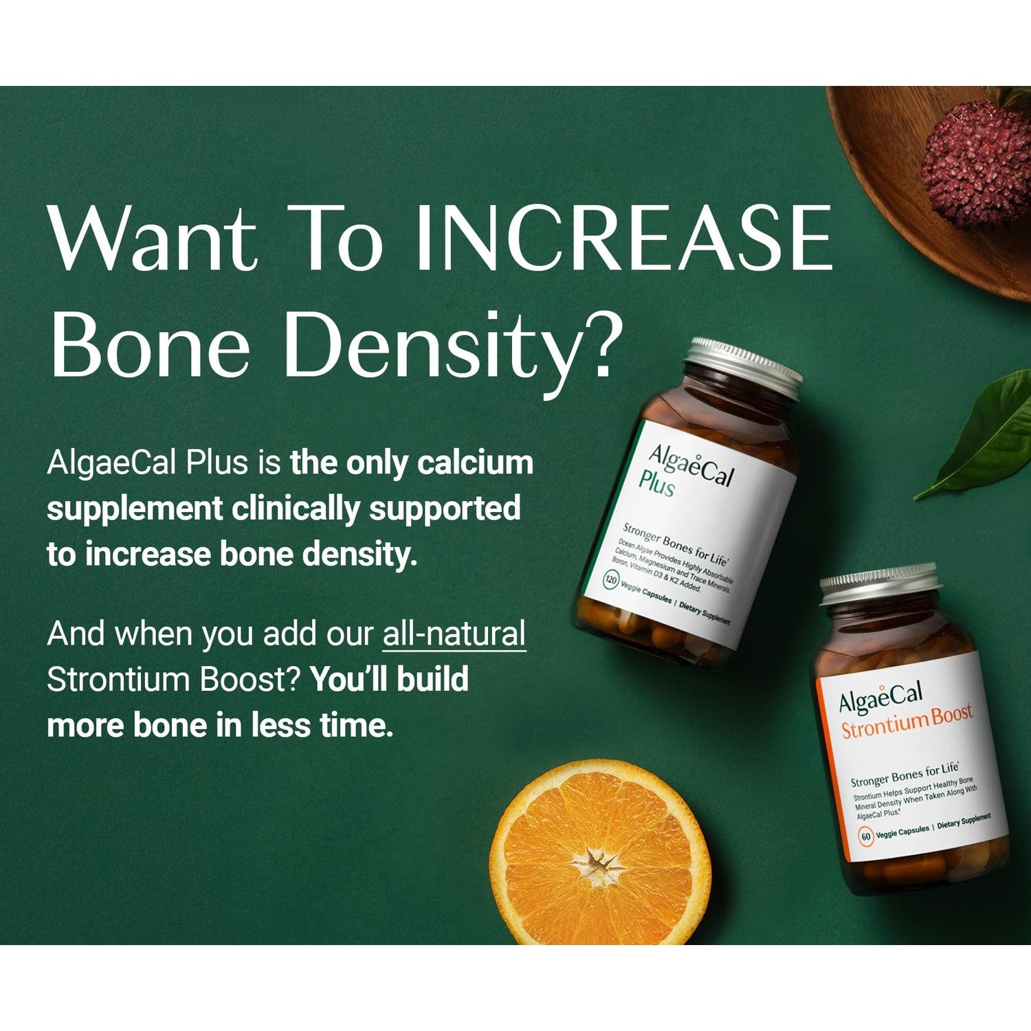 ALGAECAL Bone Builder Pack, Calcium + Strontium for Bone Density, 1 Month | Plant calcium (720mg) plus strontium, D3 (1600IU), K2 (100mg), magnesium (350mg) & 16 nutrients for bone density support.