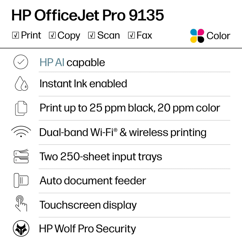 HP OfficeJet Pro 9135 Wireless All-in-One Color Inkjet Printer, Print, Scan, Copy, Fax, ADF, Duplex Print/scan, Best-for-Office, 3 Month Trial of Instant Ink Included, AI-Capable (C2WM0A)