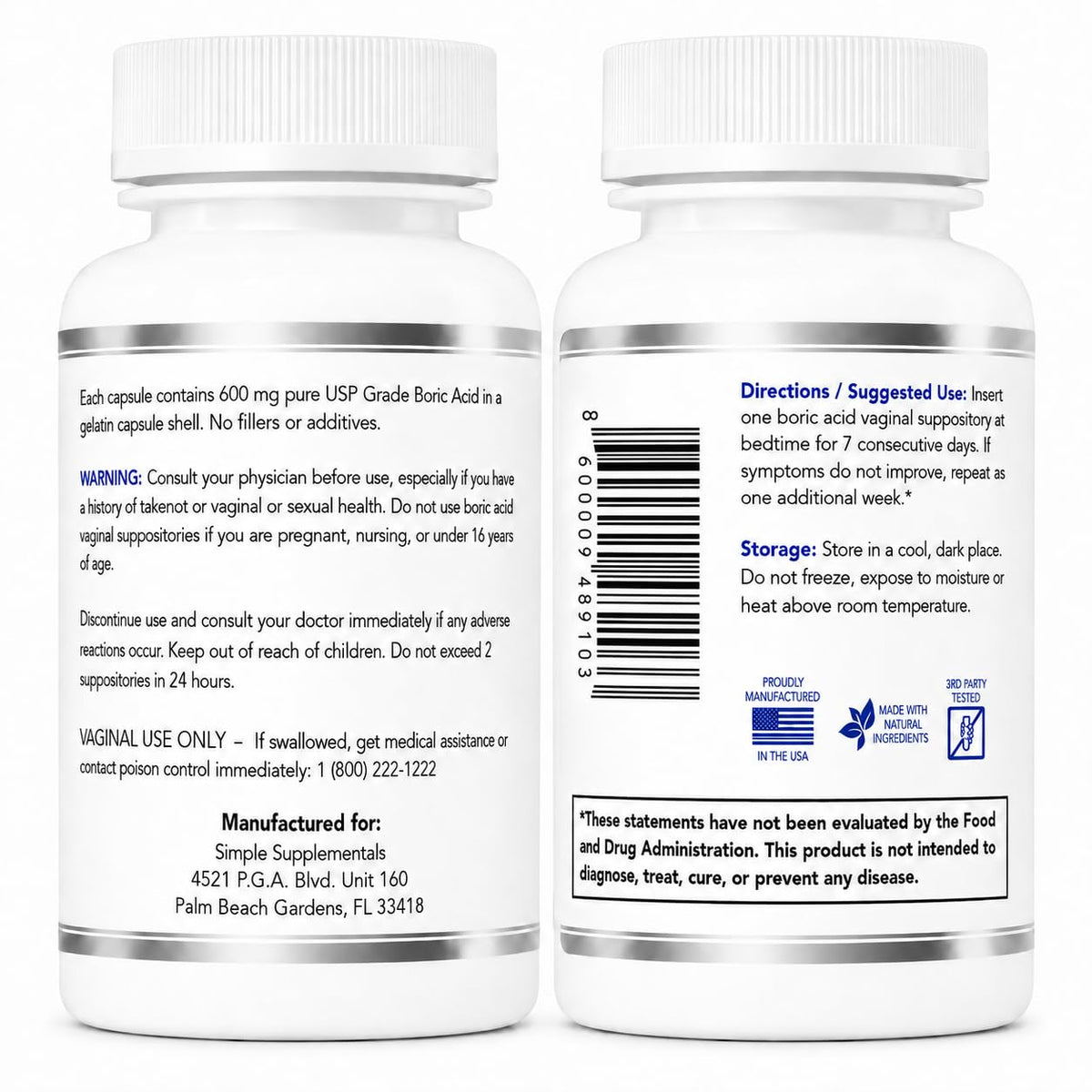 Simpli Supplements Boric Acid Suppositories for Women 600mg | 60 Count | Feminine Hygiene Support | Vaginal pH Balance & Freshness