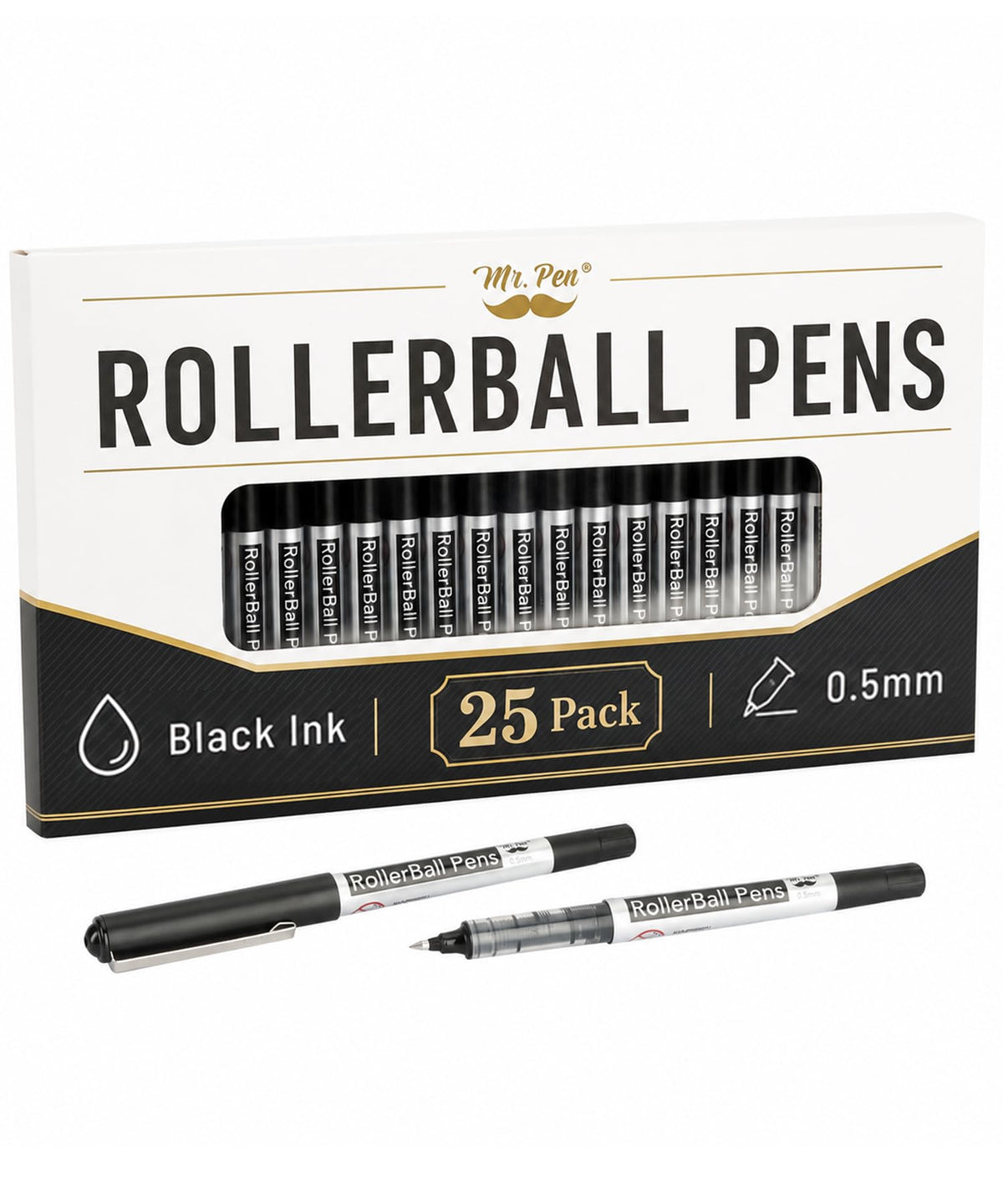 Mr. Pen- Rollerball Pens Bulk, 25 Pack, Black Ink, Fine Point