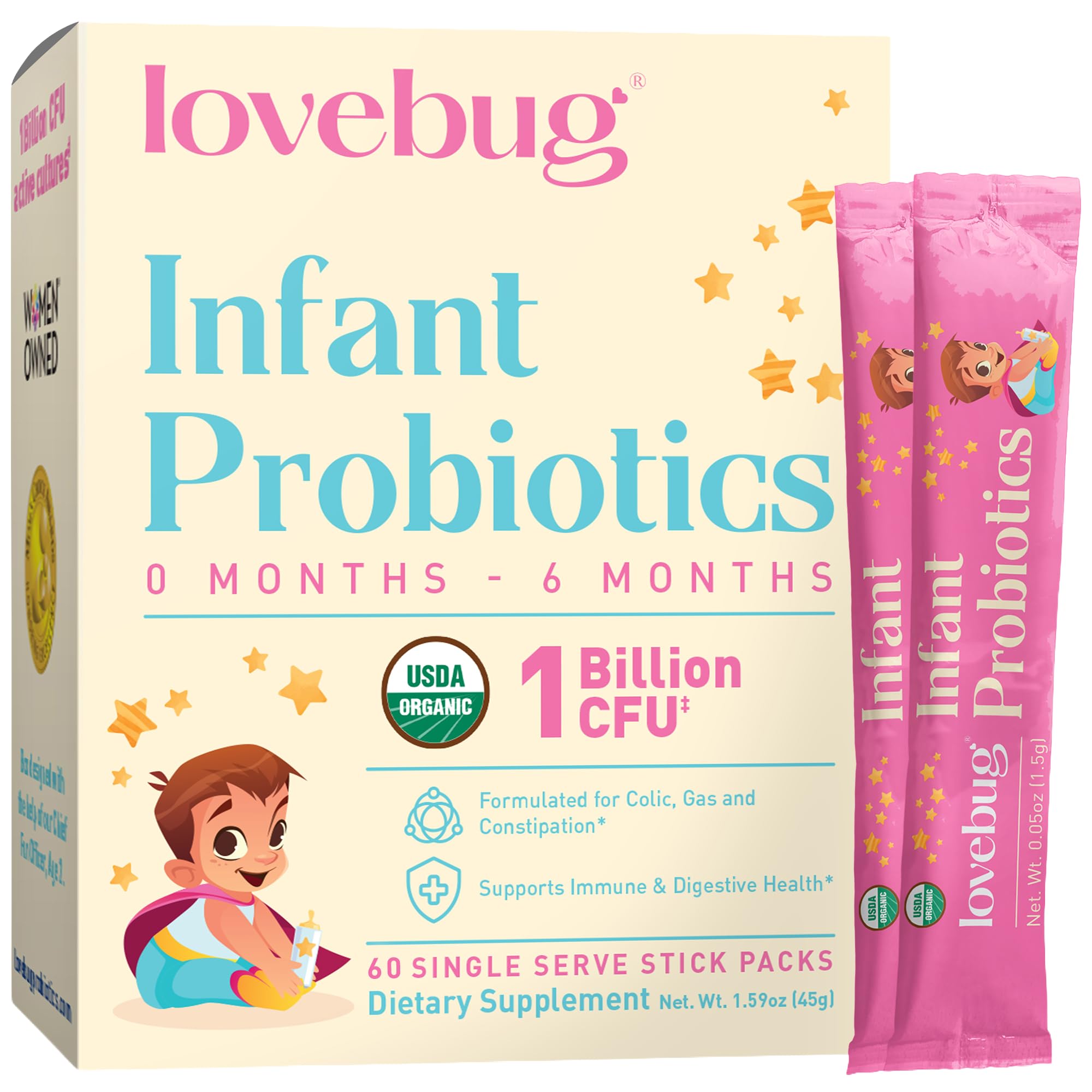 LOVEBUG Infant Probiotics 0-6 Months - USDA Organic Probiotics for Babies, Supports Baby Gas, Colic, Reflux, Diarrhea and Newborn Constipation Relief, Allergen & Sugar Free, Tasteless Powder, 30 Pack