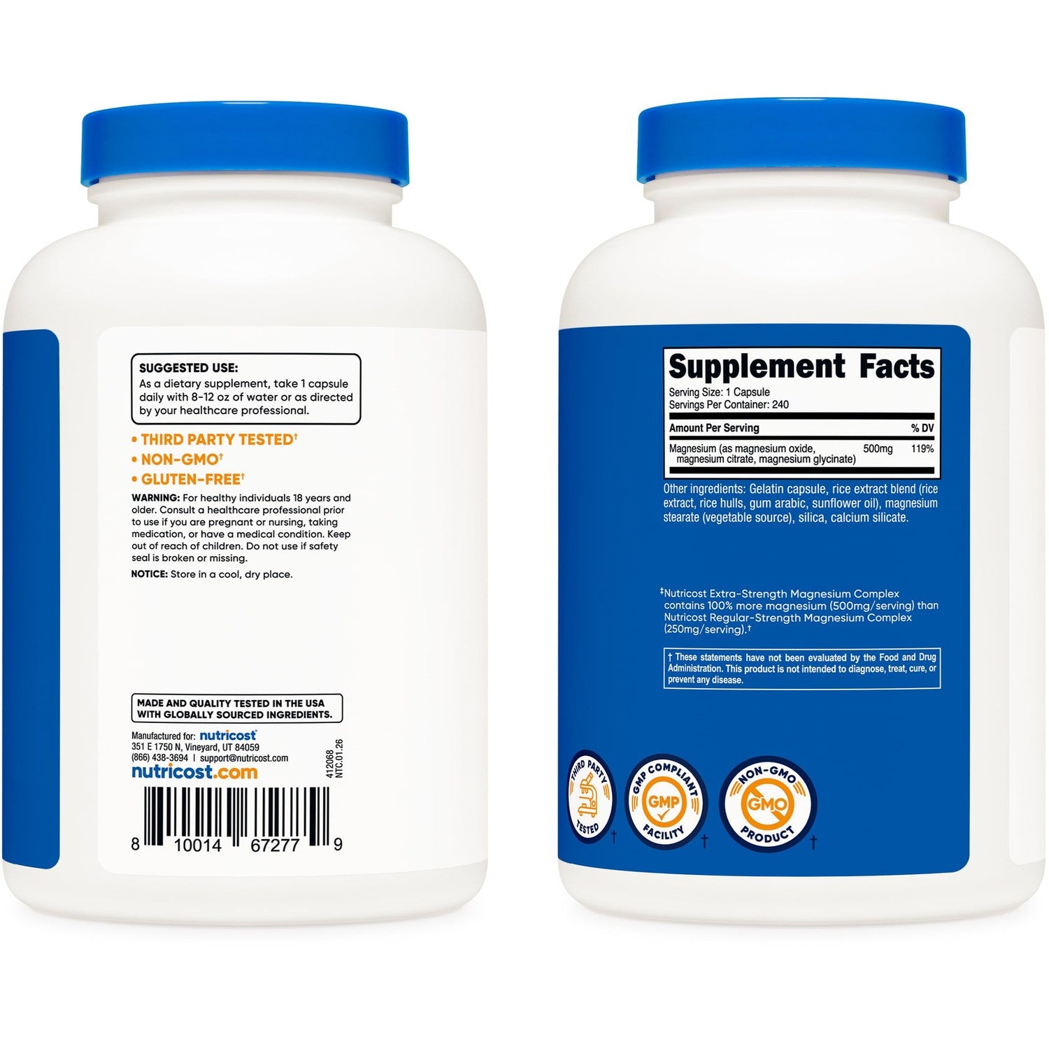 Nutricost Magnesium Complex Extra Strength 500mg, 240 Capsules, Gluten Free | Magnesium Oxide, Citrate, and Glycinate, GMO-Free