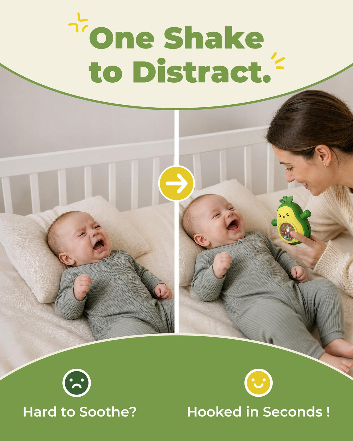Infinno Avocado Silicone Teething Toy with Rattle for Infant 3-12 Months