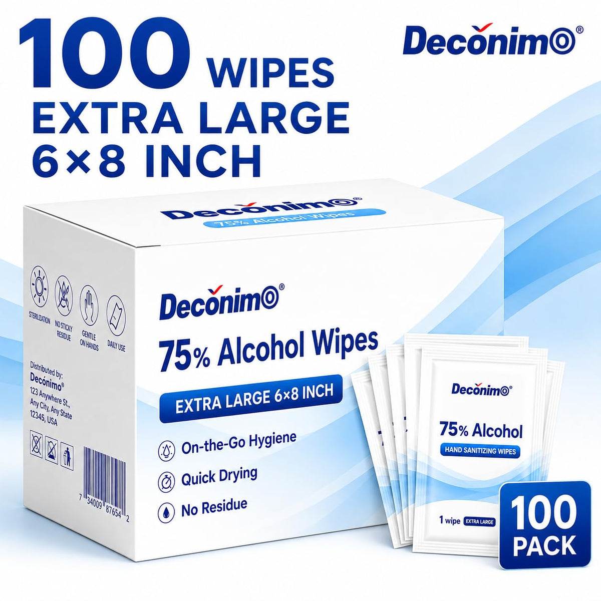 Extra Large 75% Alcohol Wipes, 100 Individually Wrapped 6 x 8 Inch Sanitizing Wipes