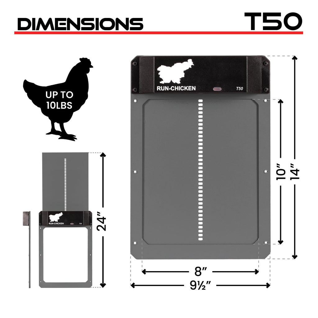 RUN-CHICKEN Door T50 – Automatic Chicken Coop Door Opener, Battery Powered & Weatherproof Aluminum, Smart App & Timer Control, Predator Proof, Easy Install, Reliable All-Season Performance (Gray)