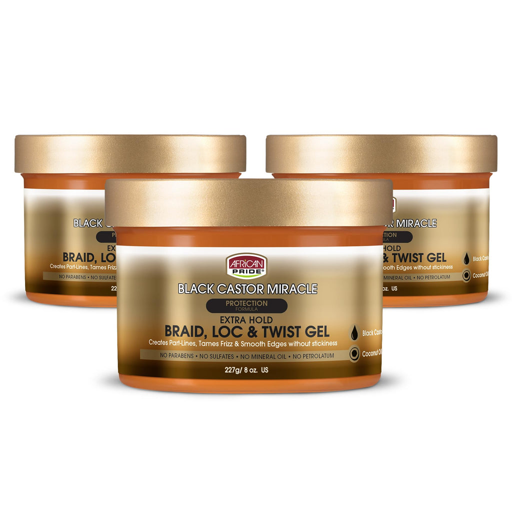 African Pride Black Castor Miracle Braid, Loc & Twist Gel, 12 Oz | Extra-hold gel for braids, locs & twists with black castor & coconut oil; smooths frizz, no flaking