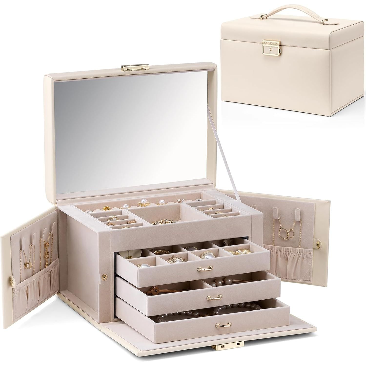 Buy now Vlando Jewelry Box Organizer for Girls Women, Large Baroque Jewelry Holder Organizer with Mirror, 3 Drawers for Bracelets, Earrings, Rings, Necklaces, Mothers Day for Loved One, Pink H. Beige at indiglob india