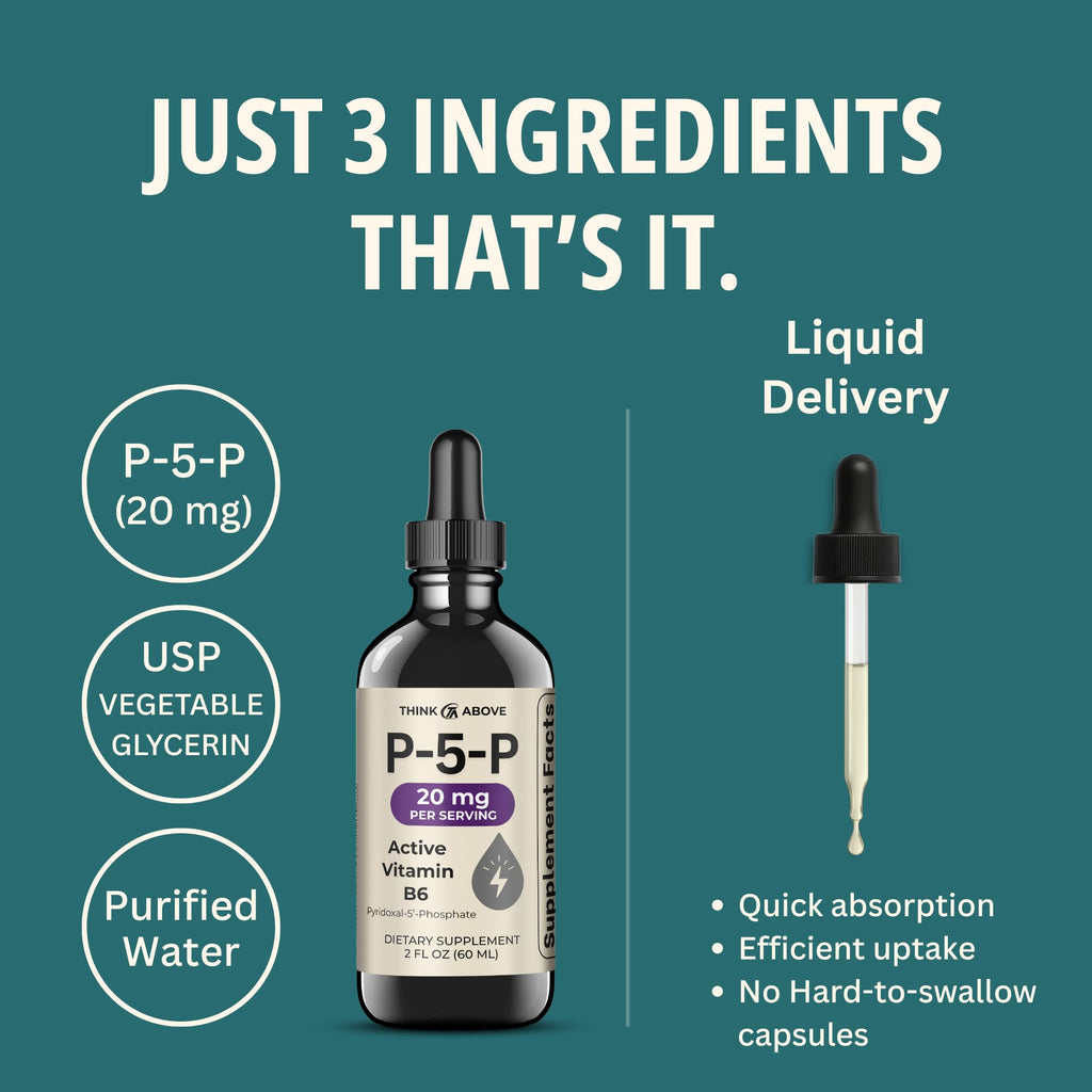 Think Above P5P Liquid Drops – Activated Vitamin B6 (Pyridoxal-5-Phosphate) – Fast Absorption Formula – Nervous System & Energy Support – 2 oz (60 mL)
