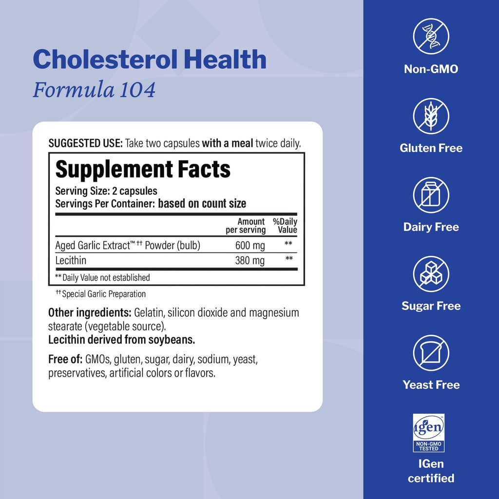Kyolic Aged Garlic Extract Cholesterol Health* Formula 104, 100 Capsules | Odorless Organically Grown Aged Garlic Extract and Lecithin to Support Healthy Cholesterol and Heart Health, GMO-Free