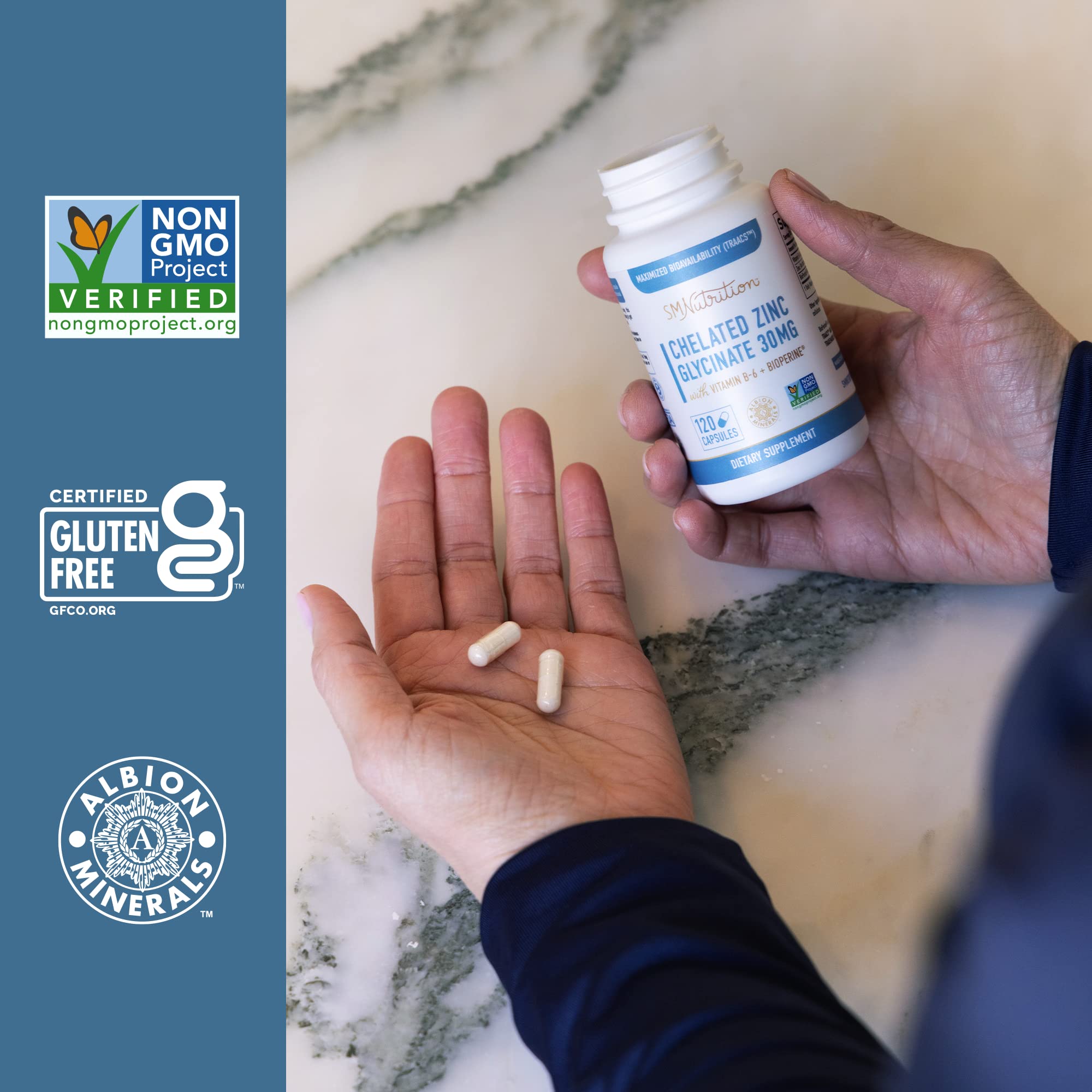 Chelated Zinc Supplements, Zinc Glycinate 30mg, Highly-Absorbable, Non-GMO | TRAACS Chelated Bisglycinate Vitamin B6 & BioPerine, Immune Acne & Energy Support, Gluten-Free, 120 Capsules (4 Month Supply)