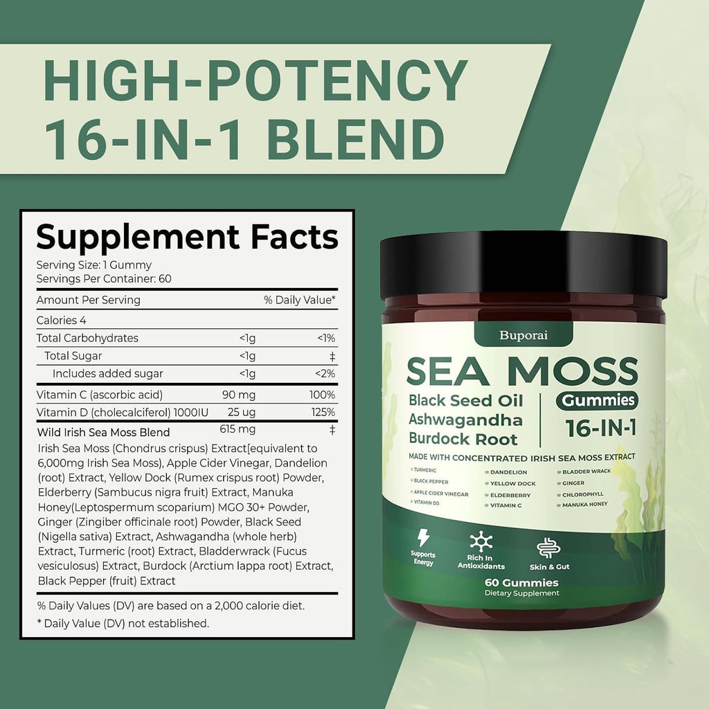 Sea Moss Gummies 16-1, Black Seed Oil Ashwagandha Turmeric Bladder Wrack Vitamin C Vitamin D3 Elderberry Manuka Dandelion Yellow Dock Apple Cider Vinegar for Men & Women