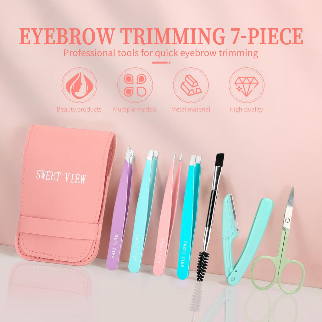 SWEET VIEW 7PCS Tweezers Kit for Women Facial Hair & Brow | Plucker with Eyebrow Scissors & Razor & Spoolie for Chin, Splinter and Ingrown Hair