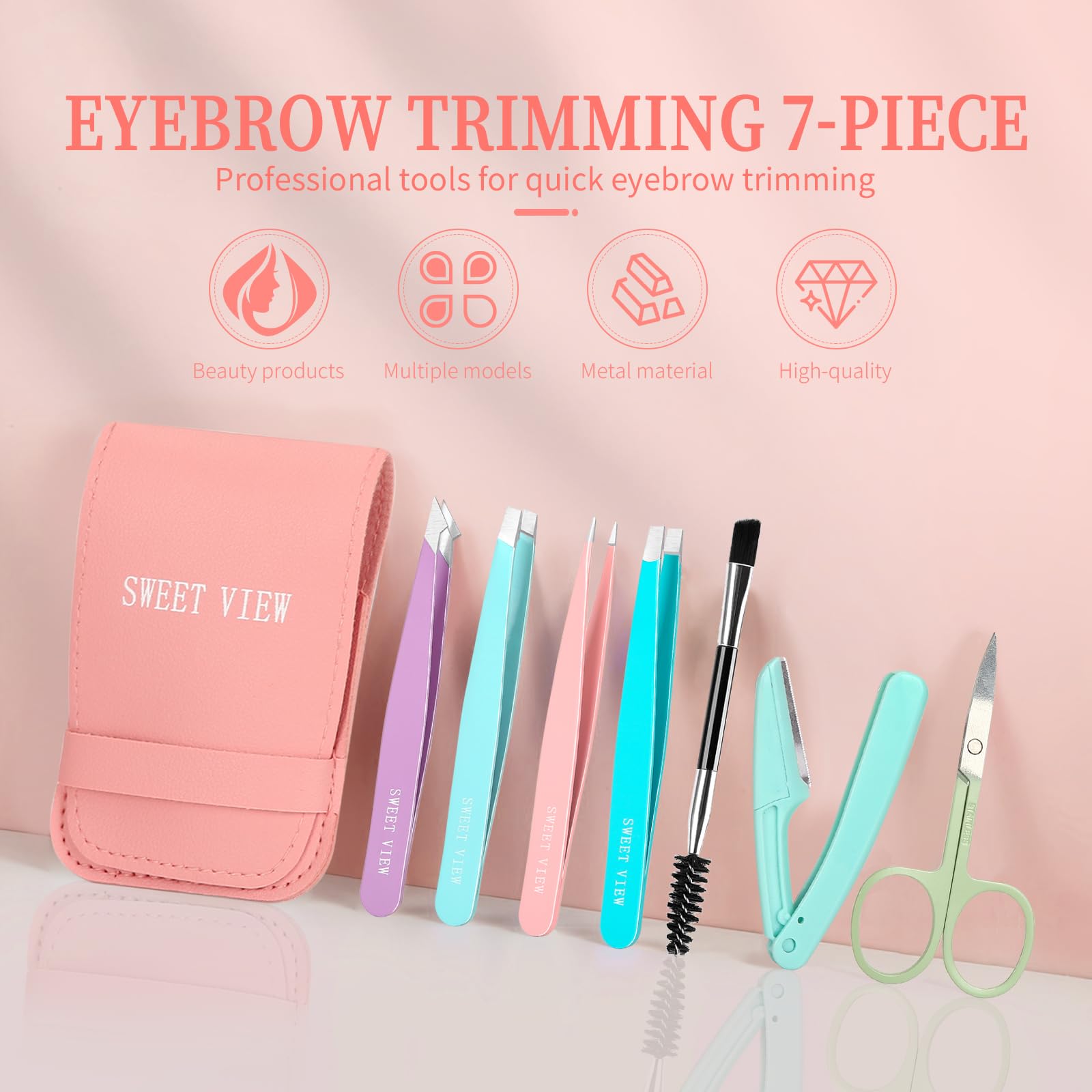 SWEET VIEW 7PCS Tweezers Kit for Women Facial Hair & Brow | Plucker with Eyebrow Scissors & Razor & Spoolie for Chin, Splinter and Ingrown Hair