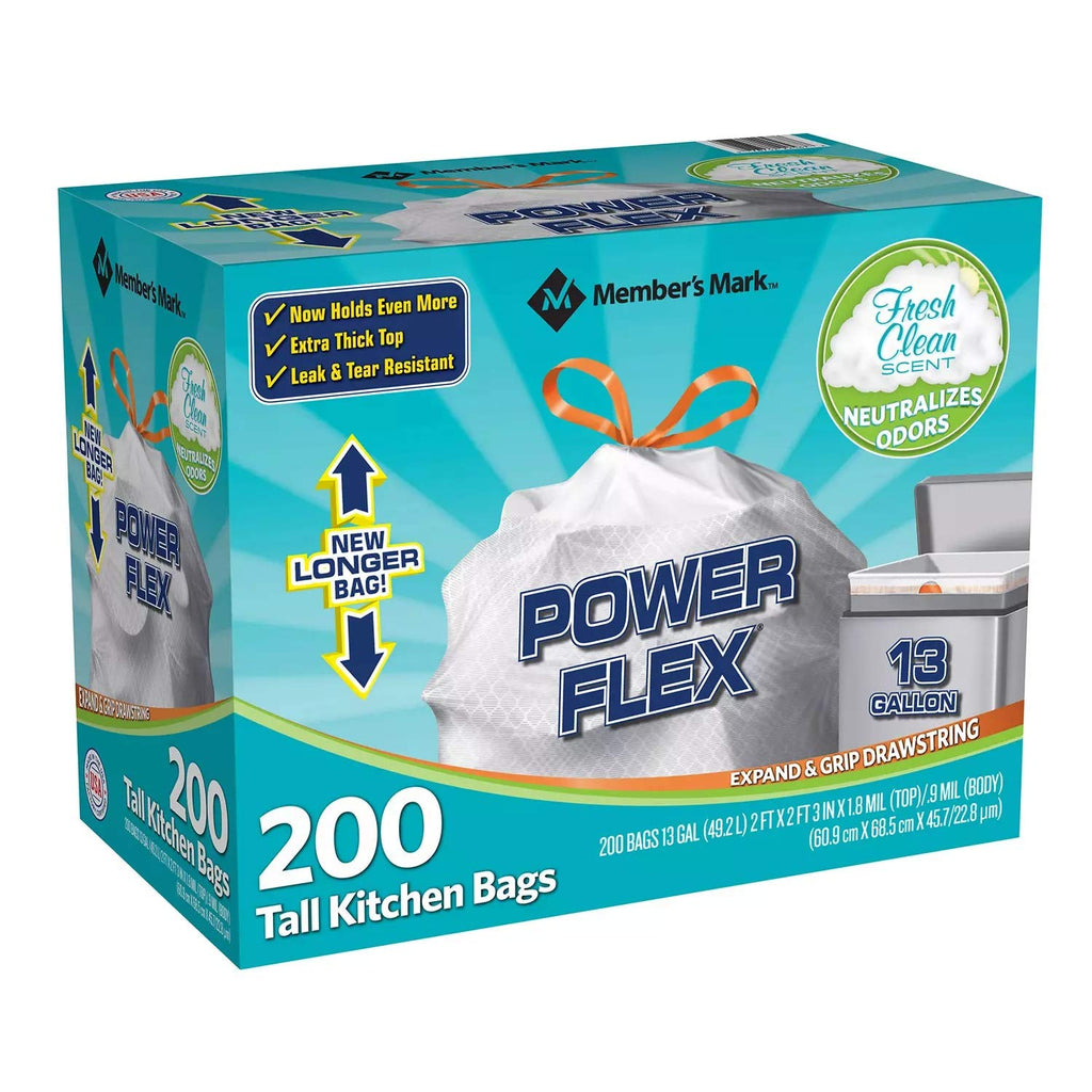 Member's Mark Power Flex Tall Kitchen Drawstring Trash Bags (13 Gallon, 2 Rolls of 100 ct., 200 count total)