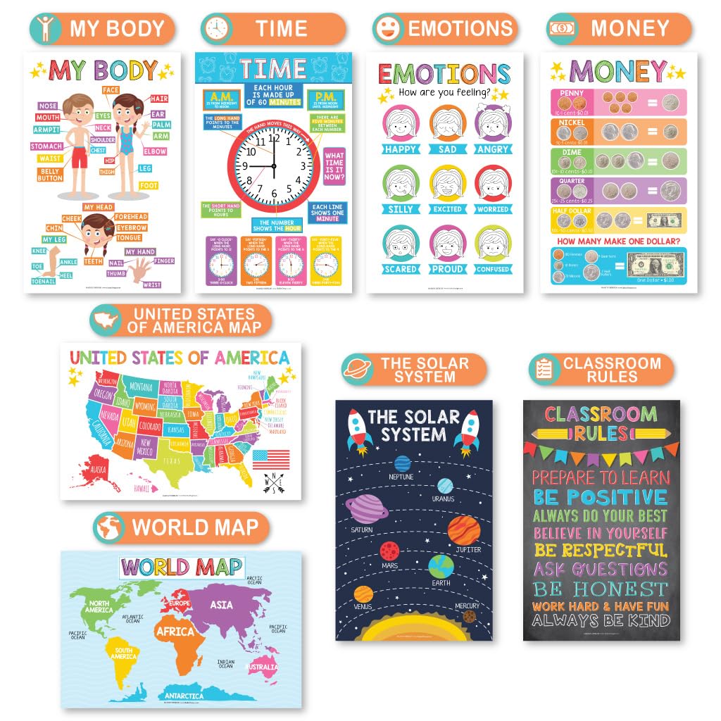 Buy now Hadley Designs 16 Educational Posters for Classroom Decor - Colorful Educational Posters for Toddlers 1-3, Toddler Learning Poster for Kids Ages 3-5, Kindergarten & Preschool Classroom Must Haves at indiglob india