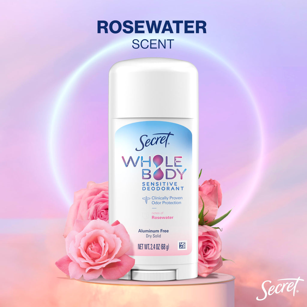 Secret Whole Body Deodorant Stick for Women, Rosewater Scent, Aluminum Free Deodorant Stick, 72 HR Odor Protection, 2.4 oz