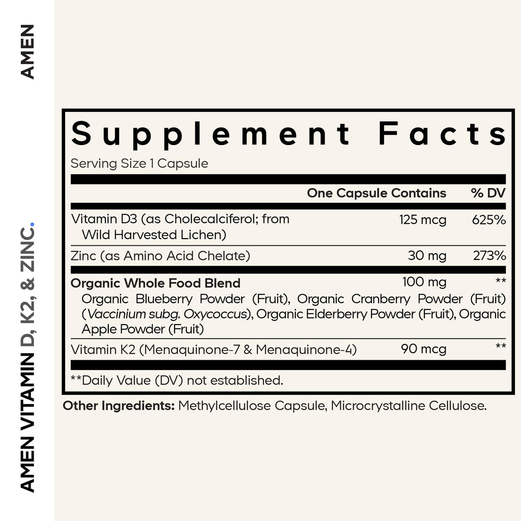 Amen Vitamin D3 5000 IU, K2, Zinc, Organic Whole Food, 60 Capsules