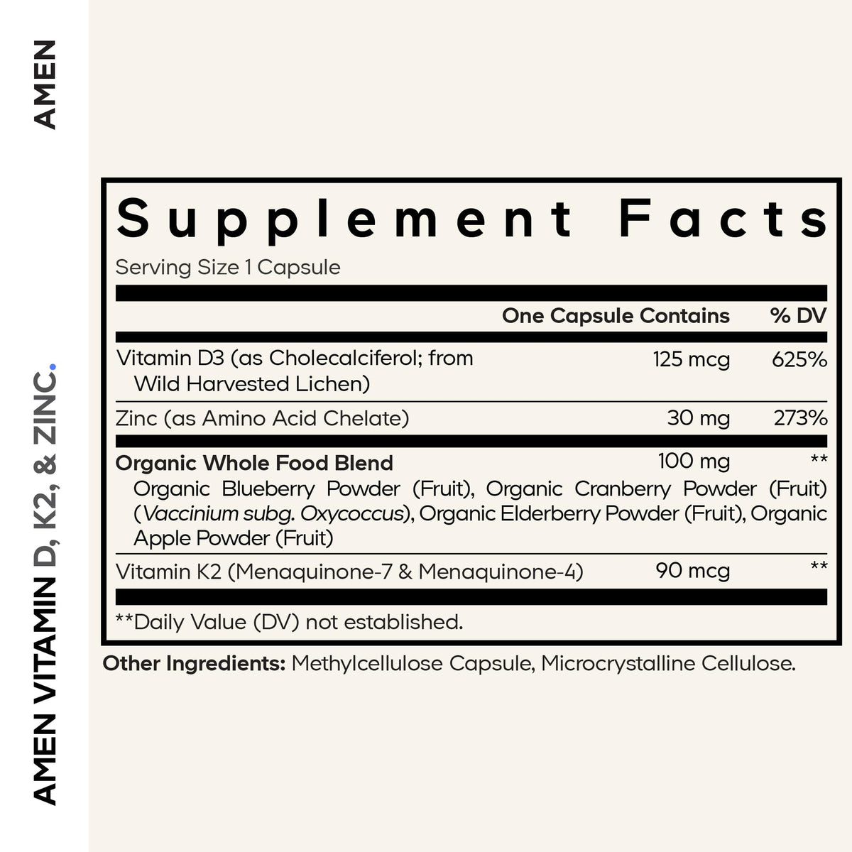 Amen Vitamin D3 5000 IU, K2, Zinc, Organic Whole Food, 60 Capsules