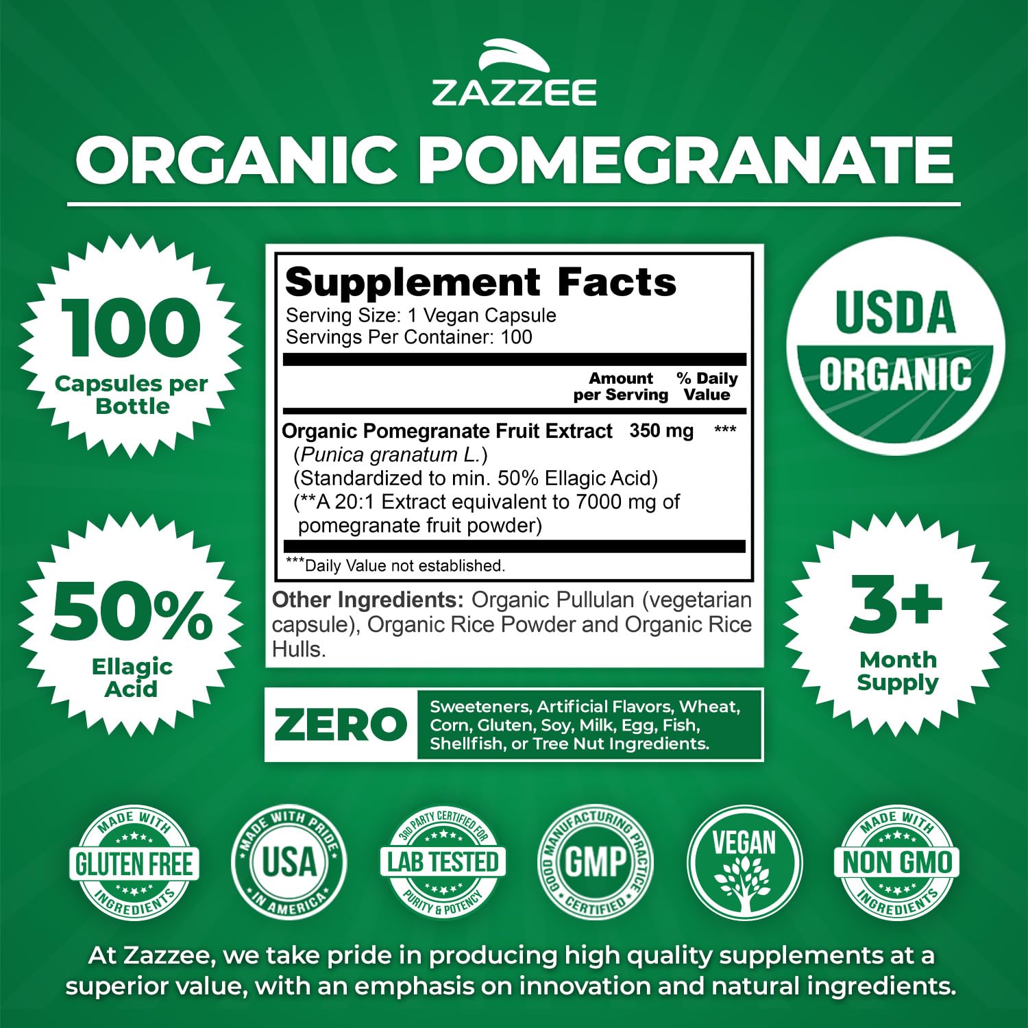 Zazzee USDA Organic Pomegranate 20:1 Extract, 50% Ellagic Acid 100 Capsules | Vegan, 3+ Month Supply, Punica Granatum, Antioxidant, Immune & Polyphenol Support, All-Natural, Non-GMO, Made in the USA