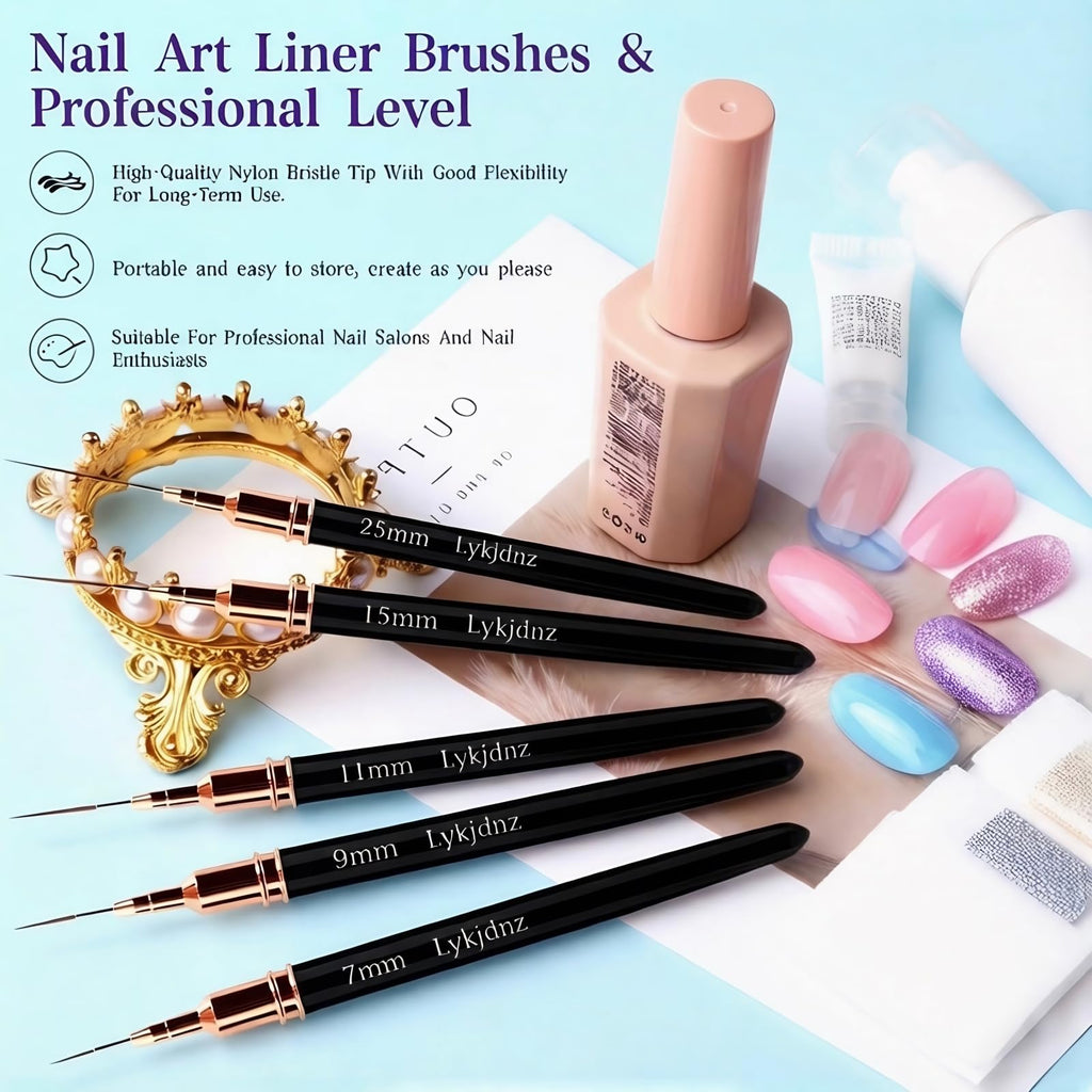 8Pcs Nail Art Brushes Set, 5 Art Liners & 3 Multi Shape Gel Builder Brushes | Liners with 7/9/11/15/25mm bristles for fine lining, gel coating & nail shaping, ideal for salon and DIY nail art