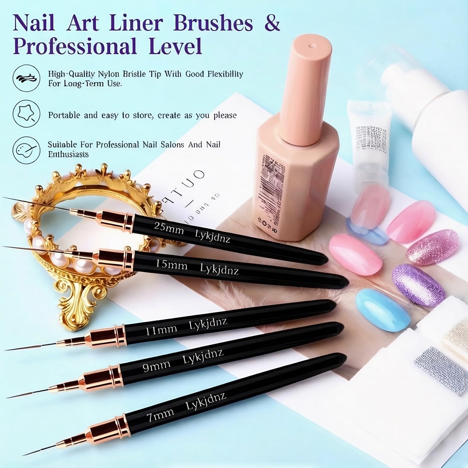 8Pcs Nail Art Brushes Set, 5 Art Liners & 3 Multi Shape Gel Builder Brushes | Liners with 7/9/11/15/25mm bristles for fine lining, gel coating & nail shaping, ideal for salon and DIY nail art