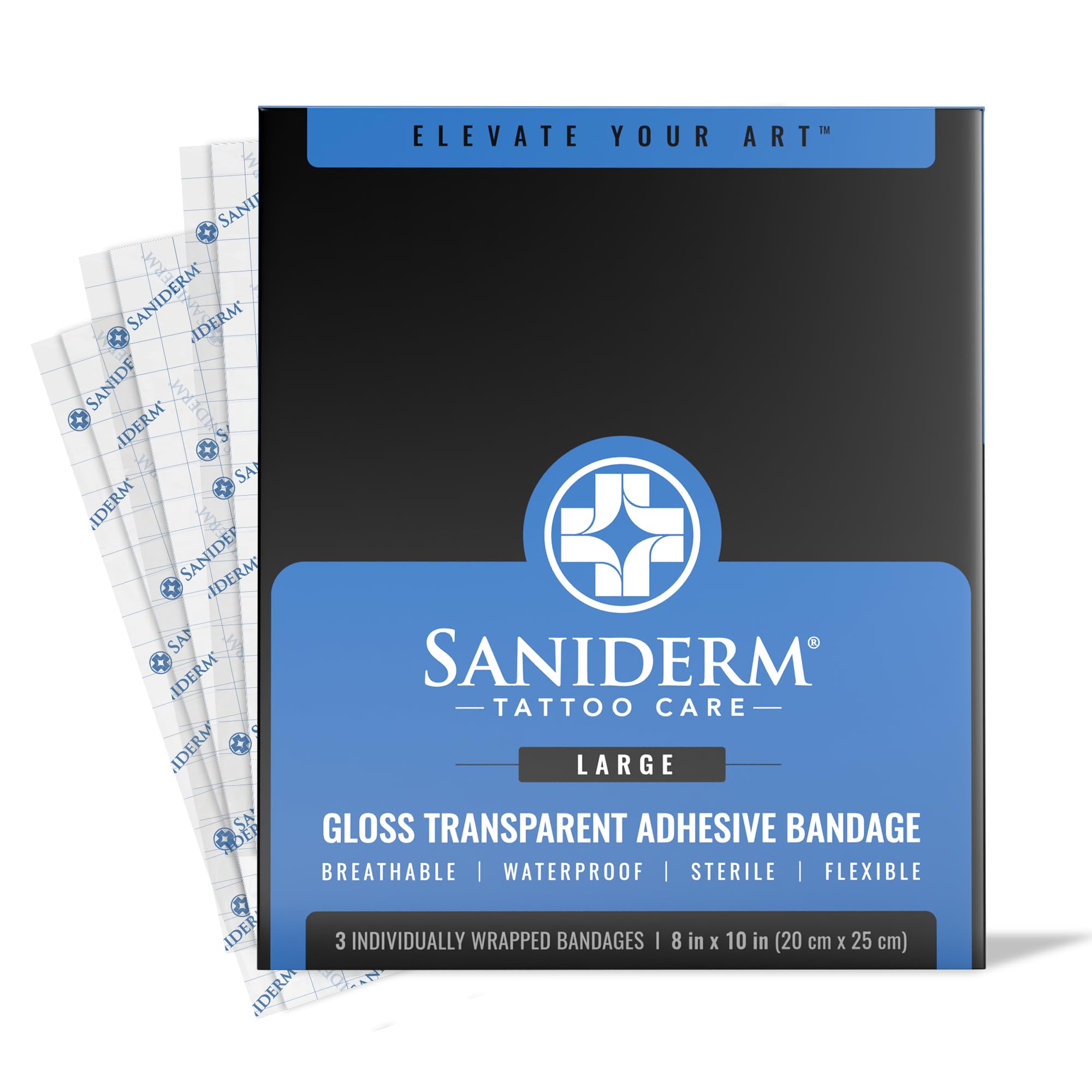 Saniderm - Tattoo Aftercare Bandage 10 Sheets - 4 x 4 Inch Small Pack | Contains Waterproof, Sterile, Latex-Free Bandage Sheets and Medical-Grade Tattoo Aftercare Film for Fresh Ink Protection.