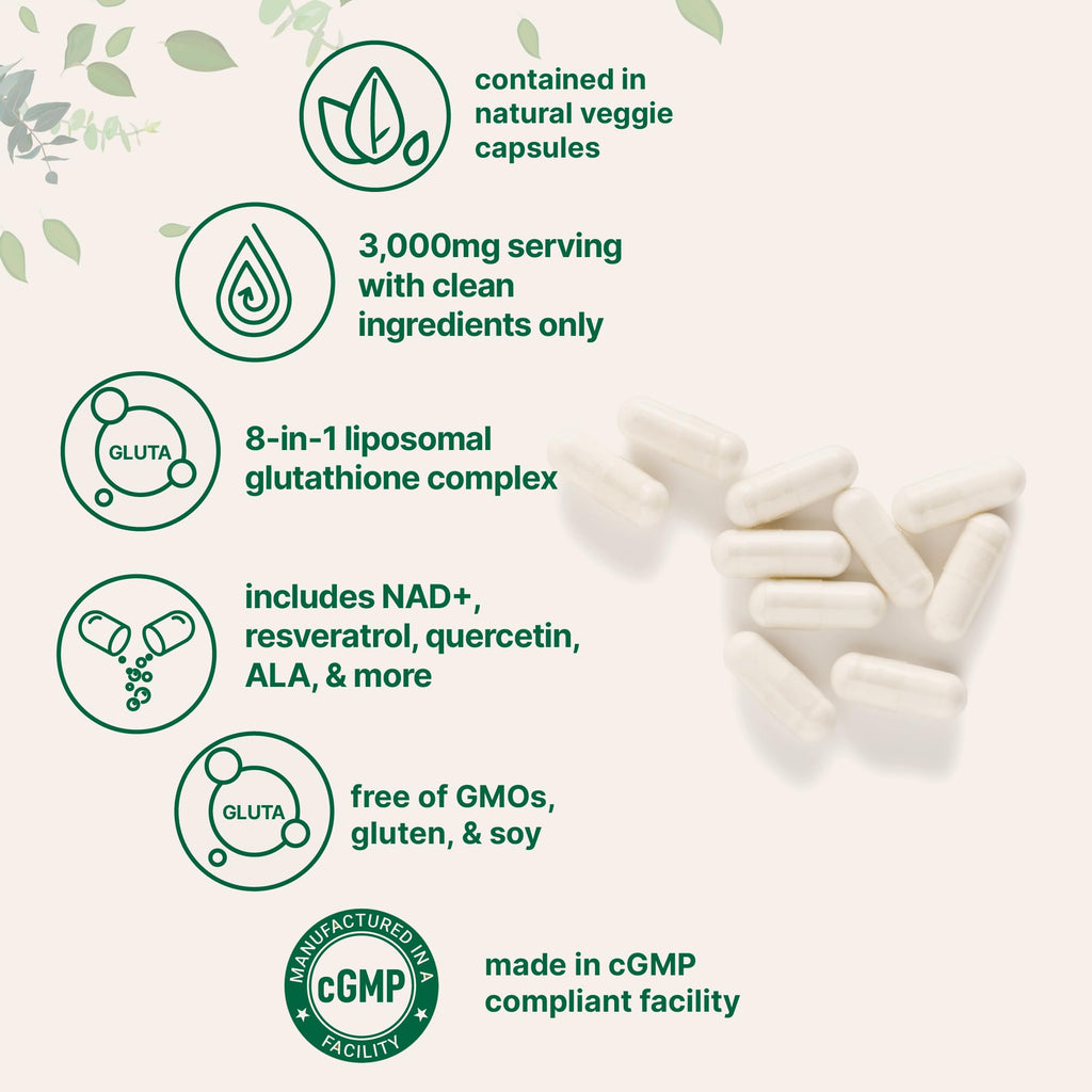 Micro Ingredients Liposomal Reduced Glutathione Complex 3,000mg - 8‑in‑1 Advanced Glutathione Supplement with NAD, Resveratrol, Quercetin, Alpha Lipoic Acid & Vitamin C - 120 Vegetarian Caps