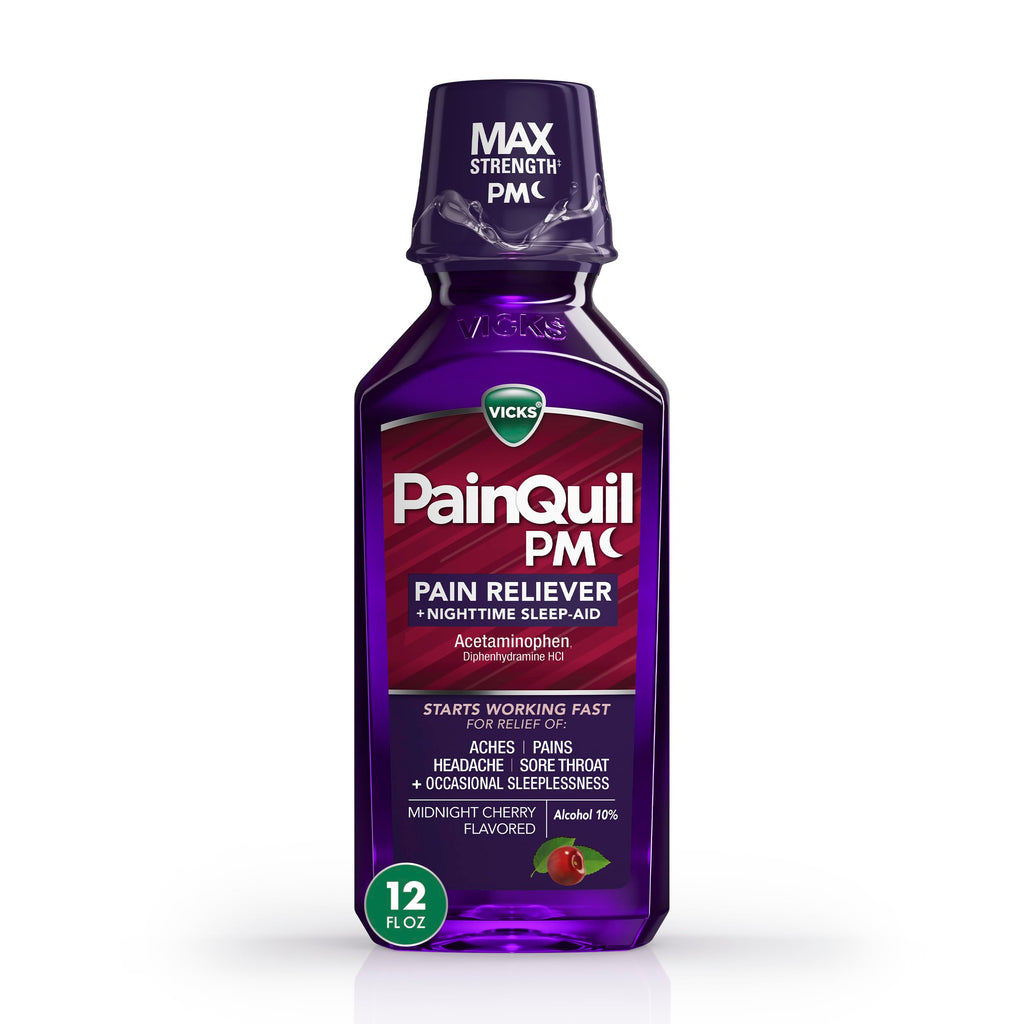 Buy now Vicks PainQuil Pain Relief Acetaminophen 1000mg Max Strength Adult Pain Reliever Liquid 12oz, Backache Headache Relief, 1 Nighttime Pain Reliever + Sleep Aid at indiglob india
