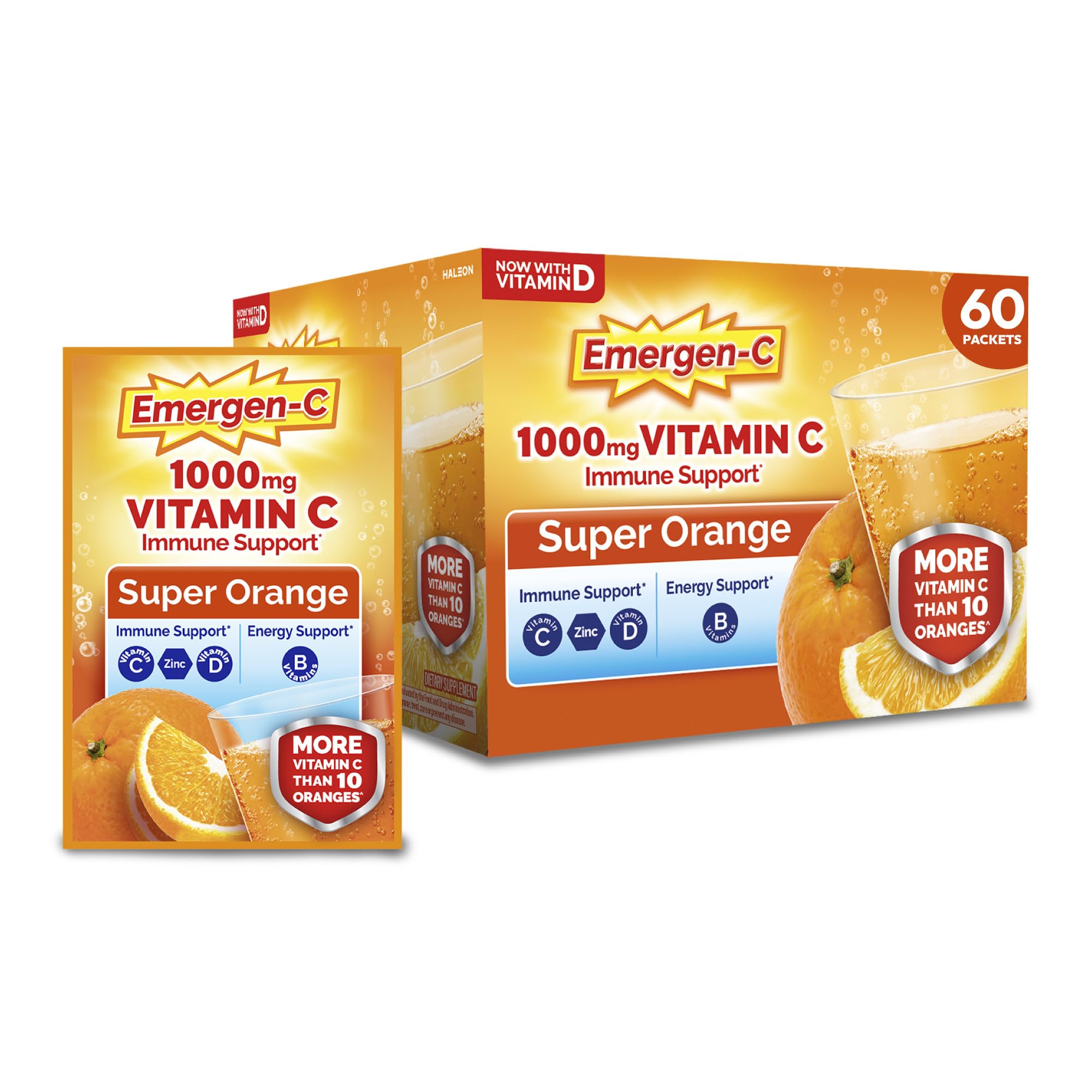 Emergen-C 1000mg Vitamin C Immune Support Powder, Super Orange, 60 ct | B Vitamins for Energy, Zinc and Manganese, Vitamin D, Electrolytes, Natural Flavor, Dissolves Quick