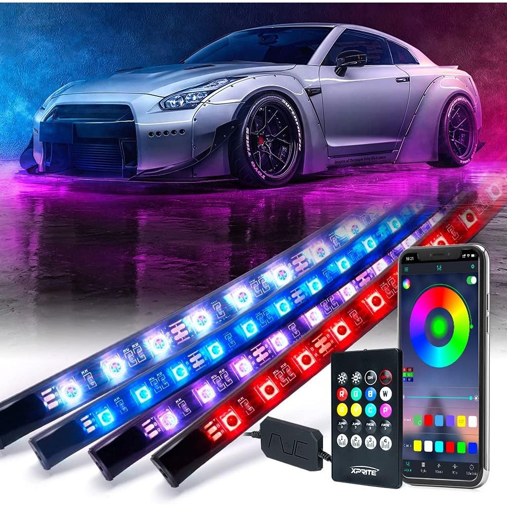 Buy now Xprite Car Underglow Neon Accent Strip Lights, 4 Pcs RGB 252 LEDs Underglow Kit with Sound Active Function Music Mode & Wireless Remote, Exterior Car Lights Underbody Lighting for Truck SUV Van 4Pcs Underglow Light with APP at indiglob india