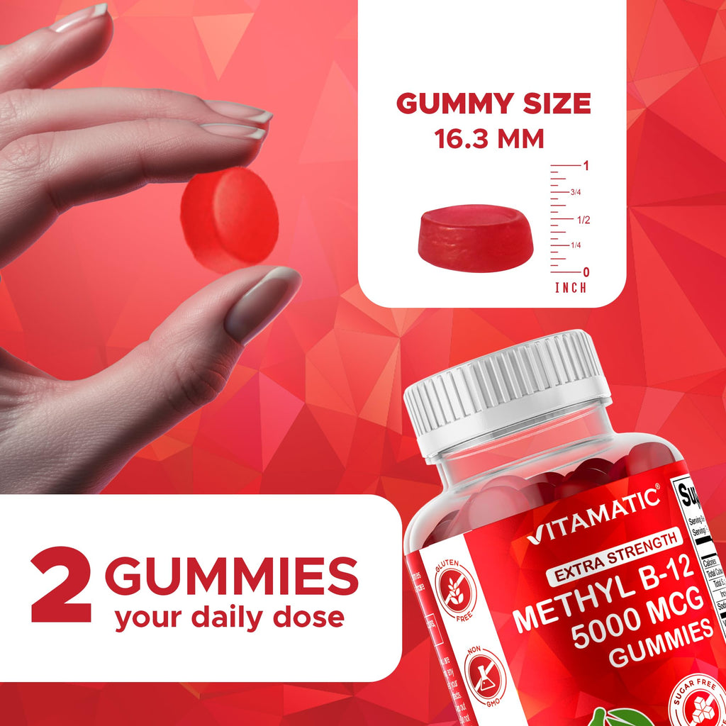 Vitamatic Methyl B12 5000 mcg, 120 Gummies, Natural Cherry Flavor | Extra Strength, Energy Metabolism Support and Nervous System Health Support*, Non-GMO, Gluten Free