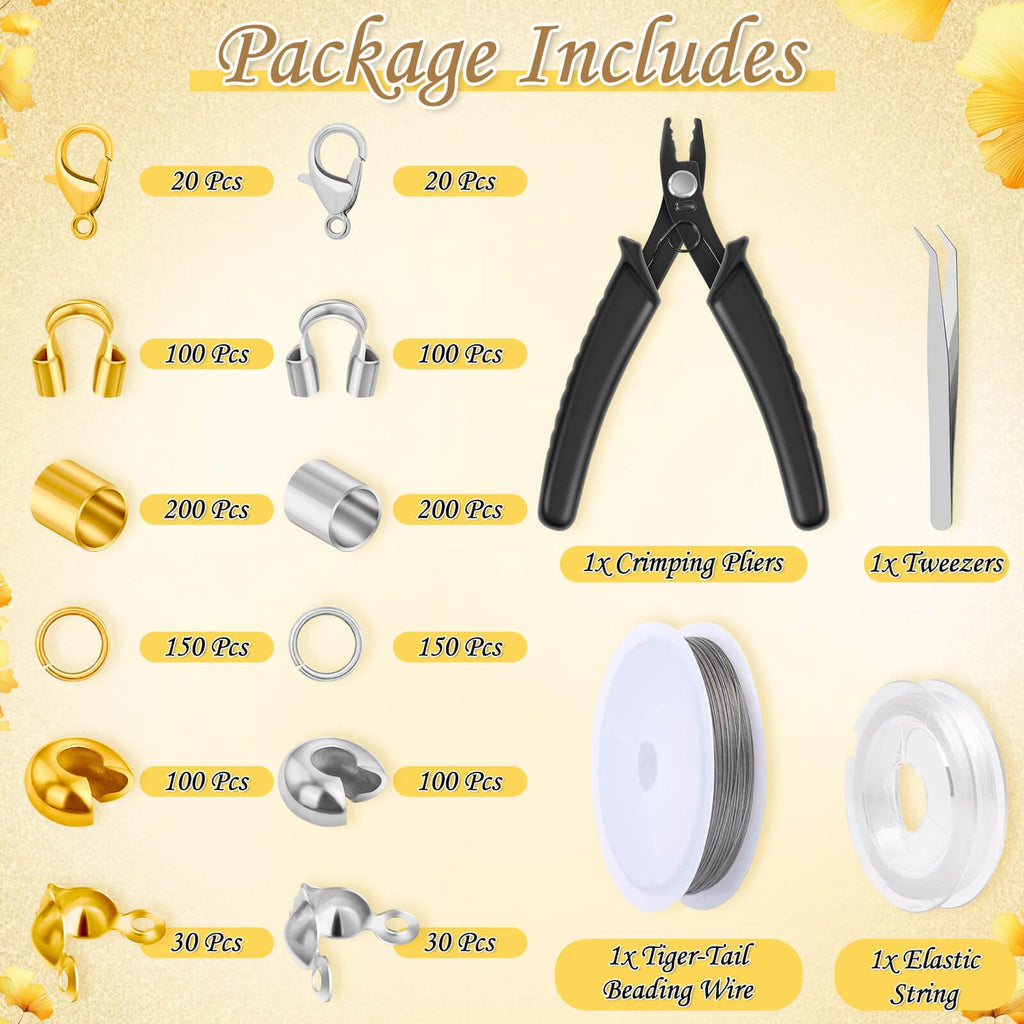 1200Pcs Crimp Beads Supplies for Jewelry Making, Including Crimp covers, Crimp Tubes, Bracelet Clasps and Closures, Crimp Ends, Jump Rings, Crimping Pliers and Beading Wire for Bracelets Making
