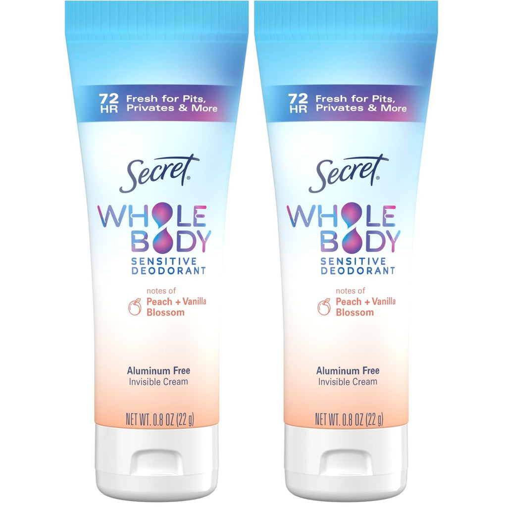 Secret Whole Body Deodorant Cream for Women, Travel Size, Peach & Vanilla Blossom Scent, Aluminum Free Deodorant, 72 HR Odor Protection, 0.8 oz (Pack of 2)