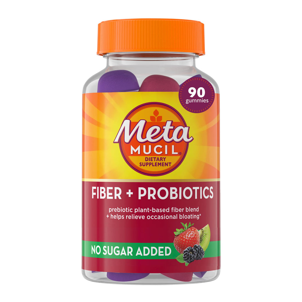 Metamucil Fiber Gummies for Adults with Probiotics for Bloating Relief, No Sugar Added Strawberry Kiwi BlackBerry Flavors, 5g Prebiotic Plant Based Fiber Supplement Blend, 90 Count