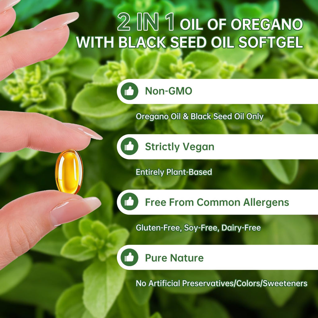 Oil of Oregano with Black Seed Oil, 180 Count Oregano Oil Capsules with 4X Strength of Carvacrol and Thymoquinone, Non-GMO, Natural Herbal Health Supplement