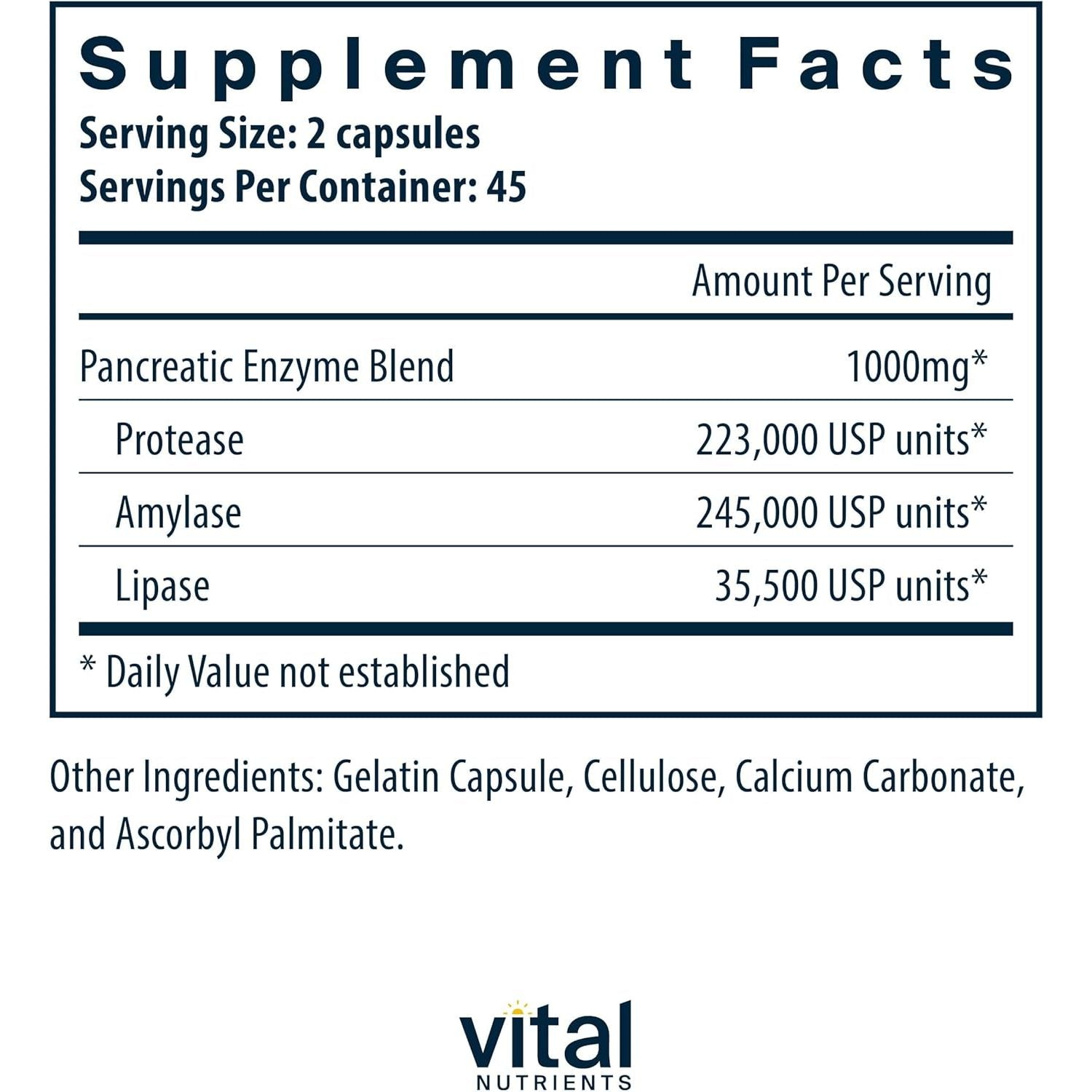 Buy now Vital Nutrients Pancreatic Enzymes 1000mg (Full Strength) | Pancreatin Digestion Supplement with Protease, Amylase & Lipase | Digestive Enzymes | Gluten, Dairy, and Soy Free | 90 Capsules at indiglob india