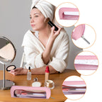 Stylish small pink PU leather makeup bag with transparent window, perfect for organizing cosmetics and essentials.