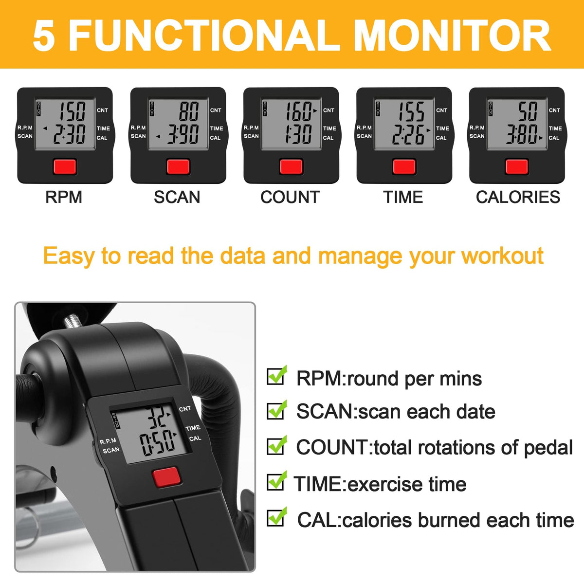Pedal Exerciser Desk Exercise Bike Leg and Arm Exercise Bike with LCD Monitor Foldable and Portable(Black/Grey)