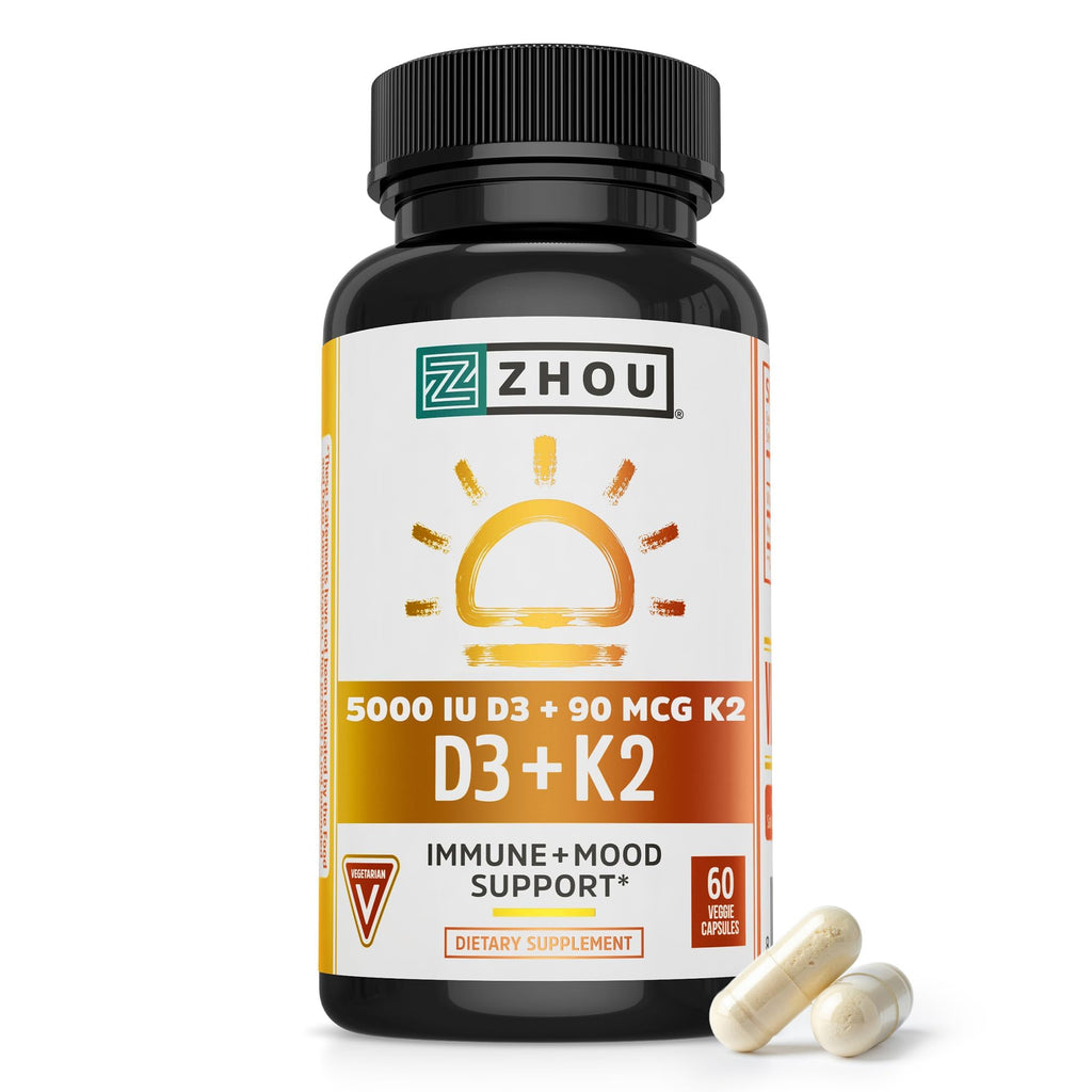 Zhou D3+K2 Supplement - 60 Veggie Capsules (Pack of 1) | Vitamin D3 K2 Supplement for Women & Men, Immune Support Vit D3 and K2 Supplements
