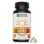Zhou D3+K2 Supplement - 60 Veggie Capsules (Pack of 1) | Vitamin D3 K2 Supplement for Women & Men, Immune Support Vit D3 and K2 Supplements