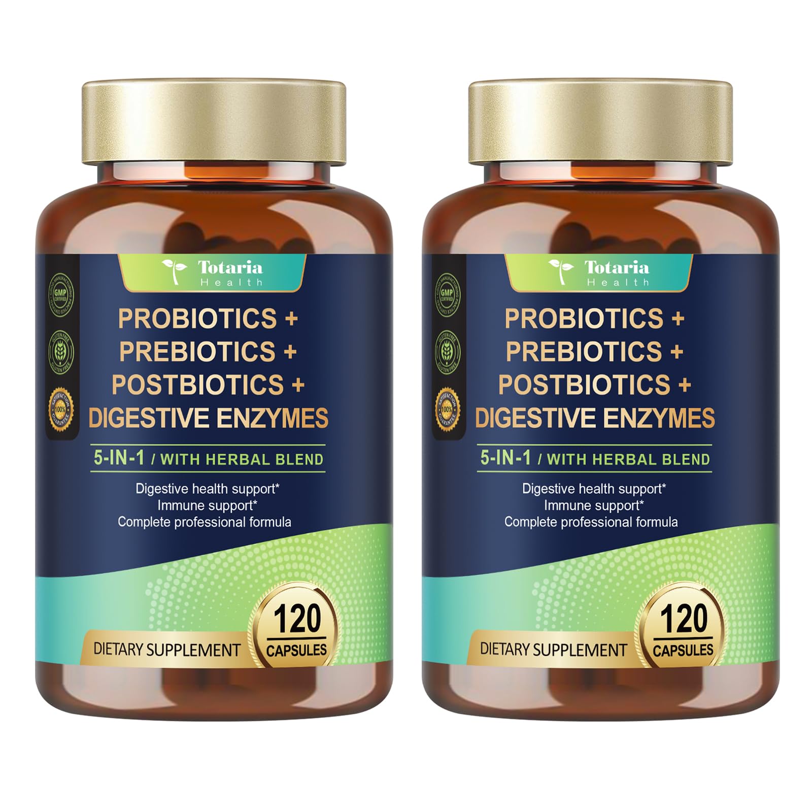 Totaria (2 Packs) 5-in-1 Probiotic Prebiotic & Postbiotic for Women Men, 60 Billion CFU 24 Strains w/Digestive Enzymes, Slippery Elm, Daily Complete Gut Health, Digestive & Immune Support