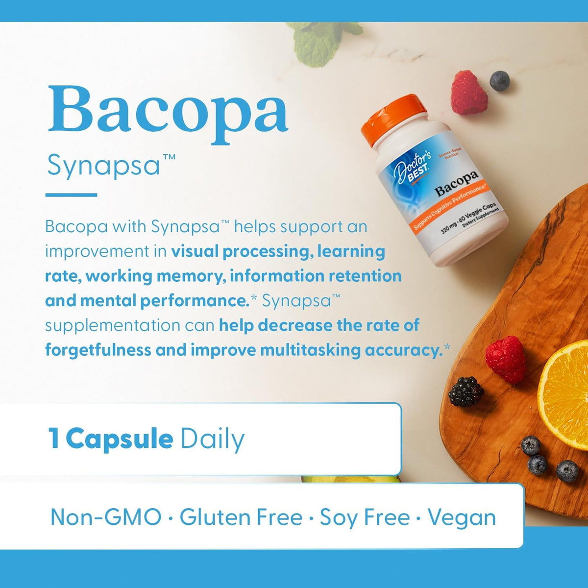 Doctor's BEST Bacopa Capsules, Memory & Focus Support, Vegan, 60 Veg Caps