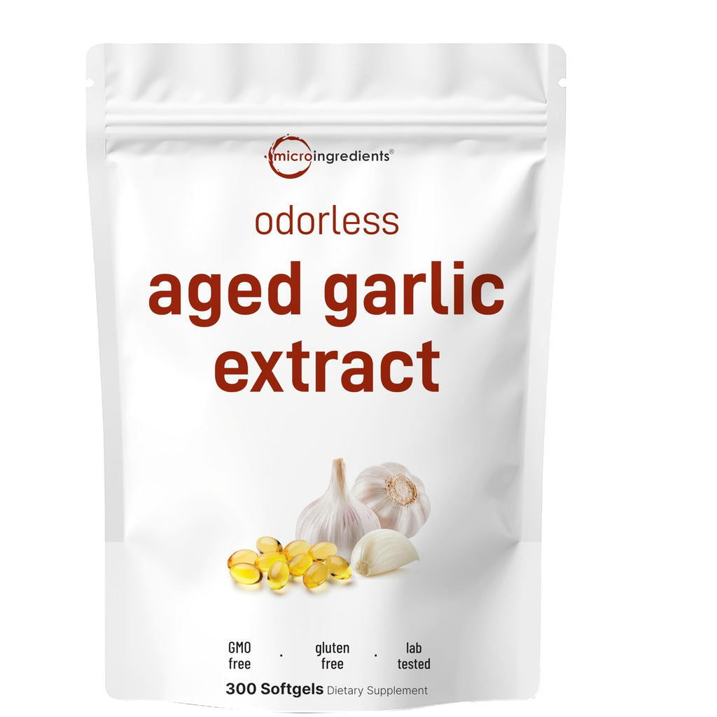 Micro Ingredients Odorless Garlic, 300 Softgels | 2 Years Aged Garlic Extract | Grown Allium Sativum Bulb | Natural Herbal Supplements | Non-GMO, Gluten Free