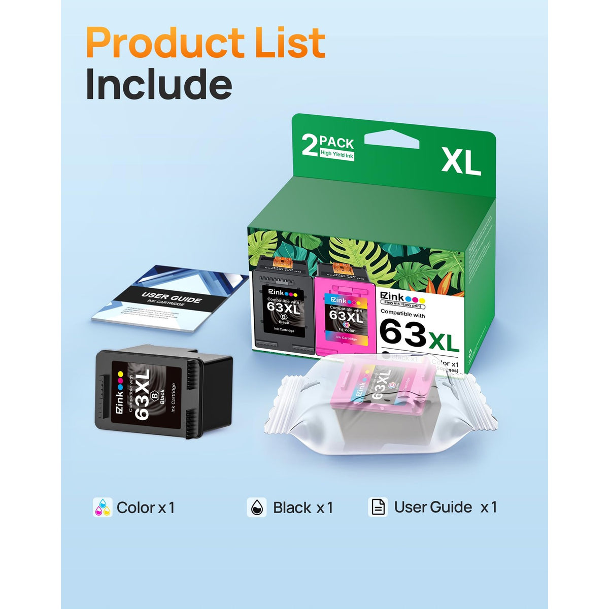 63XL Ink Cartridges Black and Color Replacement for HP Ink 63 XL Combo Pack