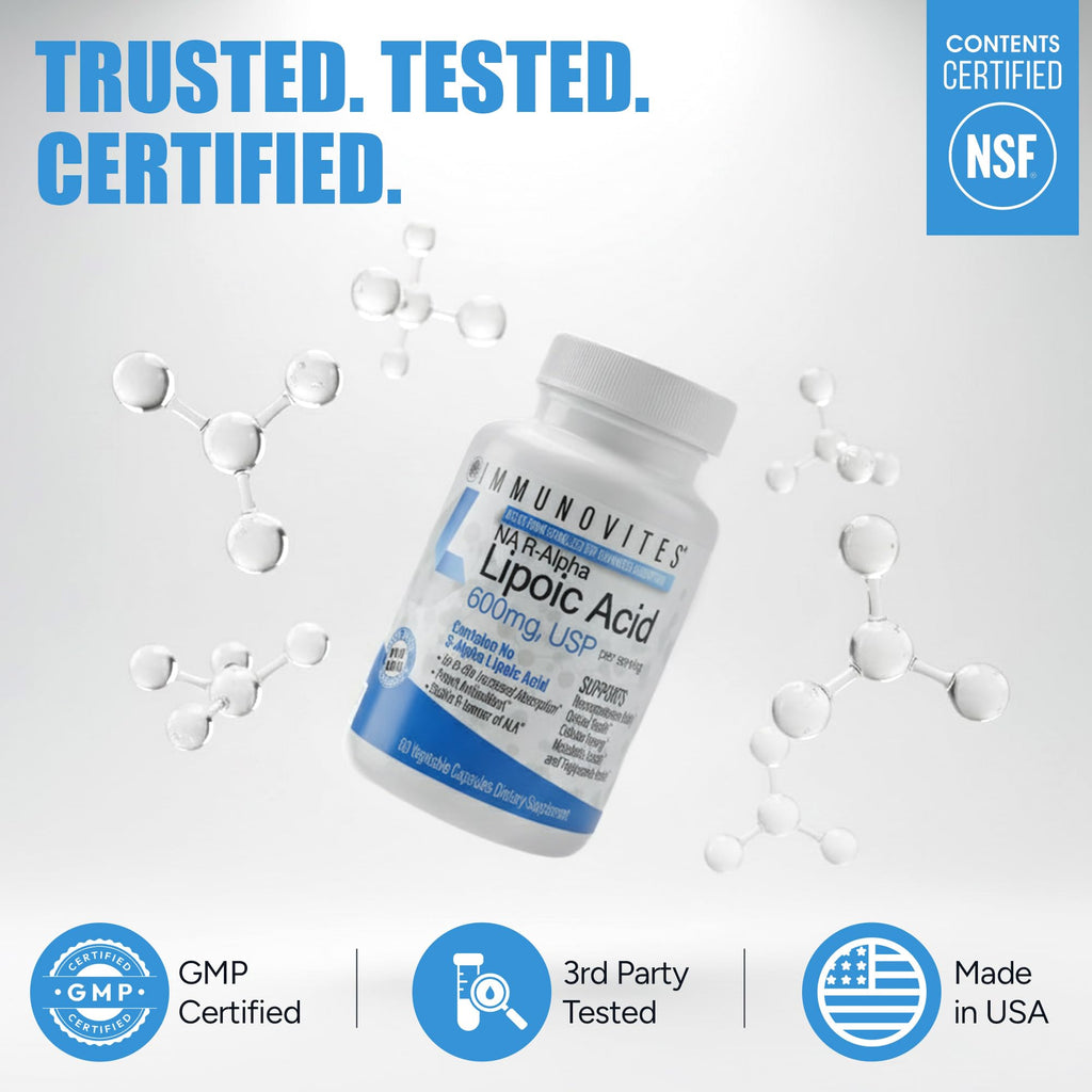 IMMUNOVITES Stabilized R-Alpha Lipoic Acid ((True)) 600mg per Serving [[High Potency & up to 40x Increased Absorption]] (Na R-ALA) (Na R-LA) (Na R-Lipoate) (1 Bottle)