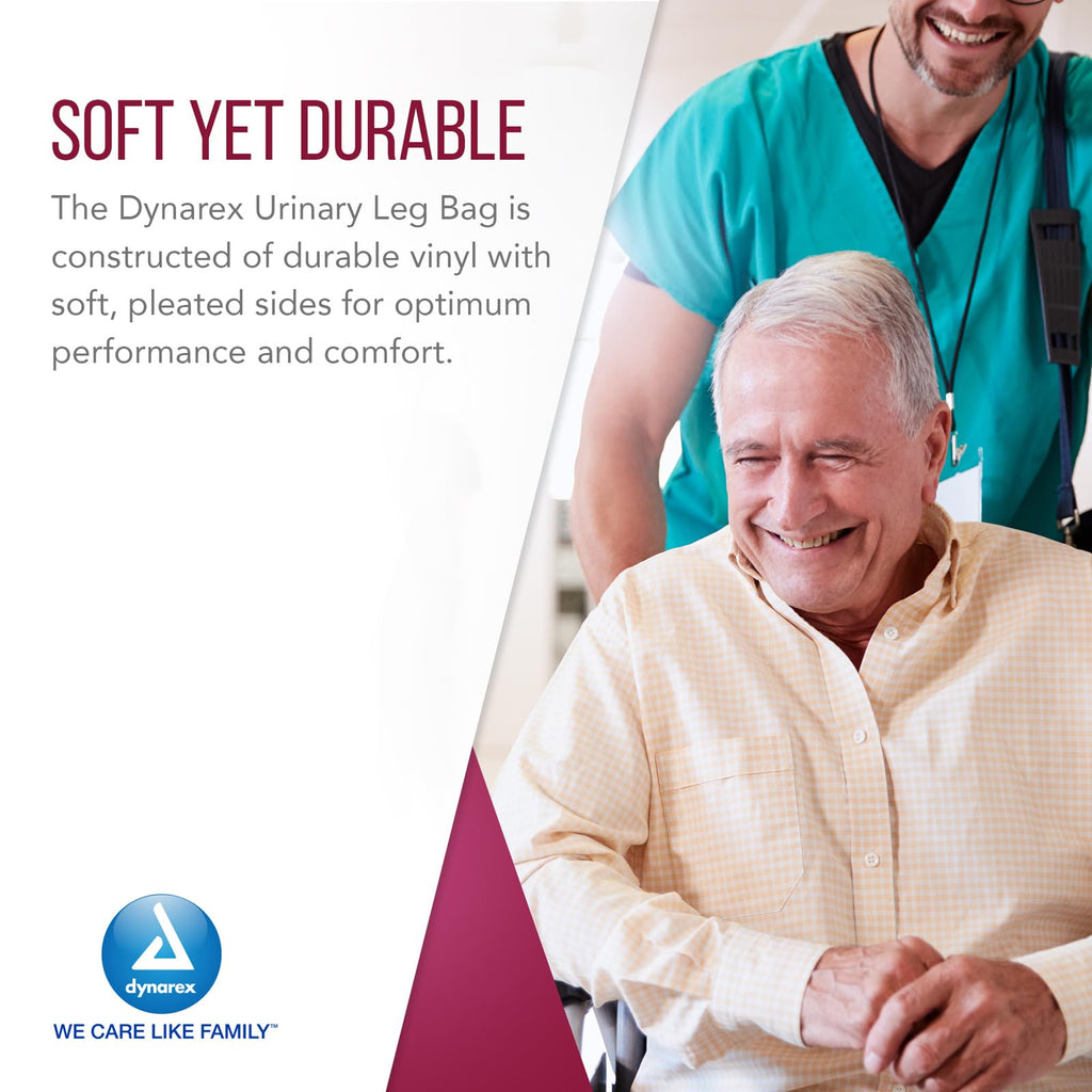 Dynarex Urinary Leg Bag, for Use with Catheter, has a Non-Drip Closure & Anti-Reflux Valve, 600 ml/20 oz Capacity, Medium, White, 1 Box of 12 Leg Bags