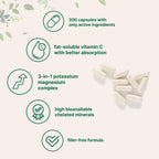 ﻿Pure Potassium Supplement with Magnesium Glycinate, 300 Capsules | Enhanced with Fat-Soluble Vitamin C | Chloride + Glycinate Mineral Electrolyte Complex | Only Active Ingredients | Filler Free