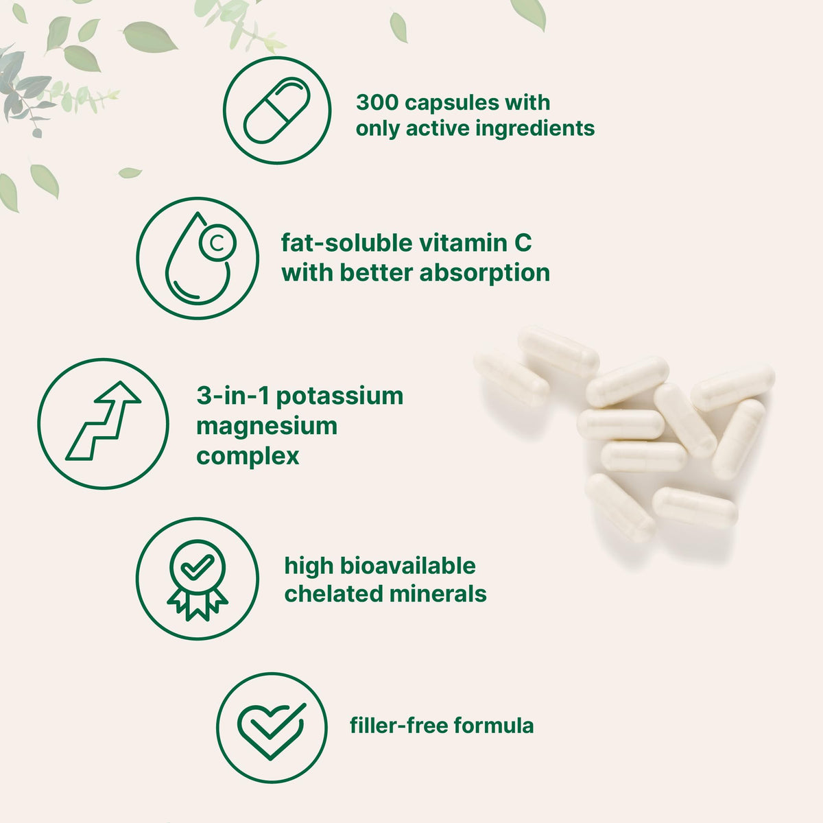 ﻿Pure Potassium Supplement with Magnesium Glycinate, 300 Capsules | Enhanced with Fat-Soluble Vitamin C | Chloride + Glycinate Mineral Electrolyte Complex | Only Active Ingredients | Filler Free